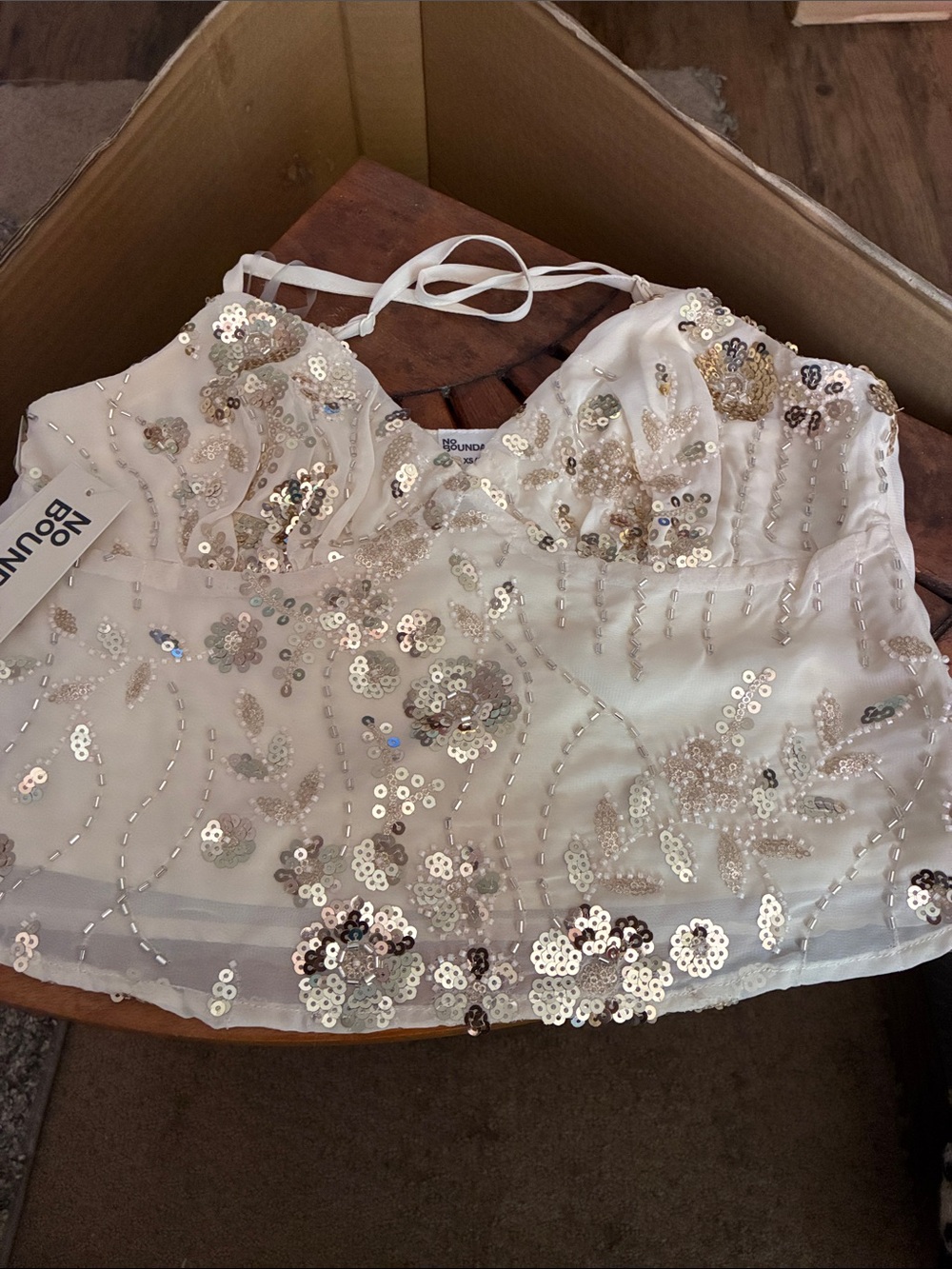 No Boundaries Cream Sequin Floral Embellished Crop Top